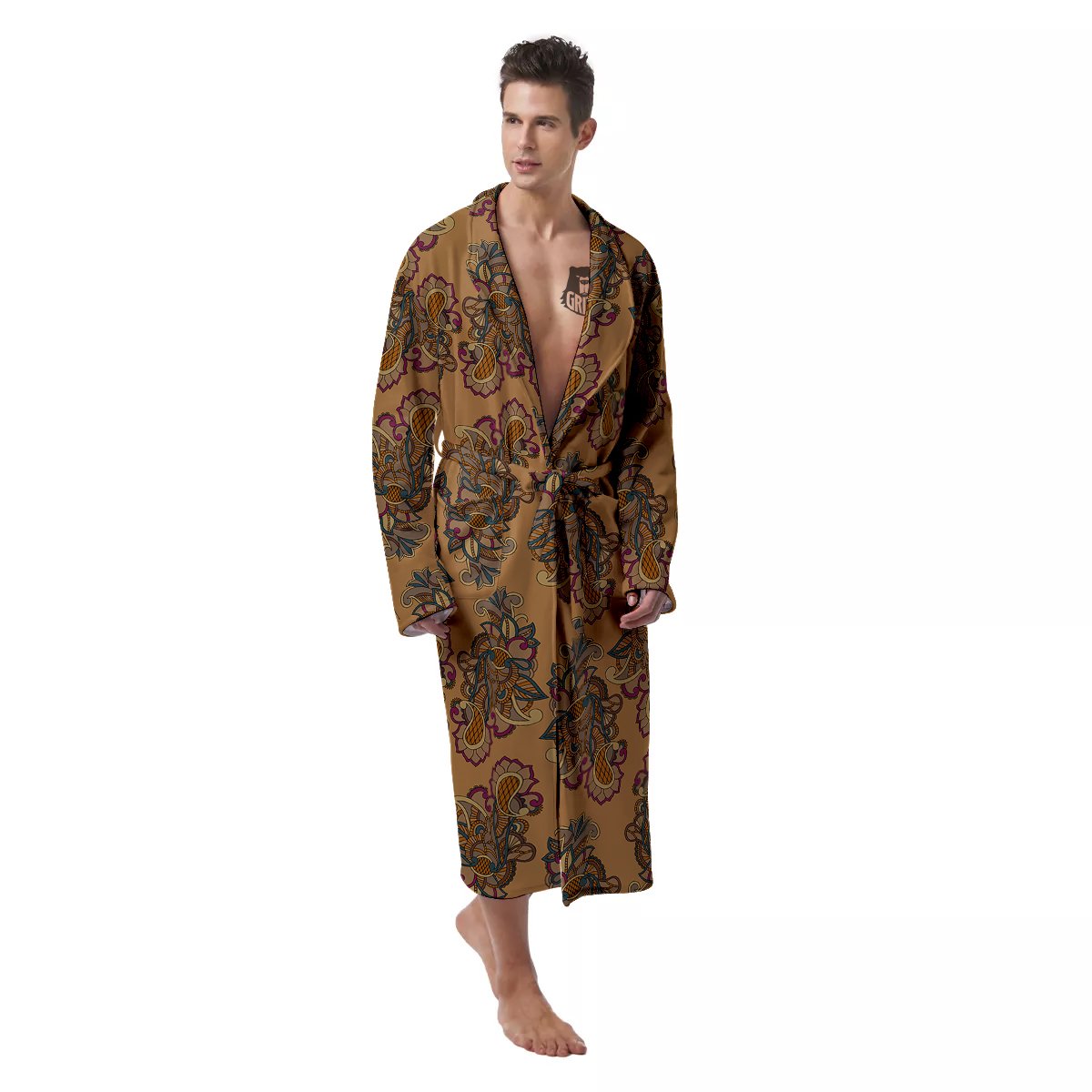 Bohemian Umber Floral Print Pattern Men's Robe-grizzshop