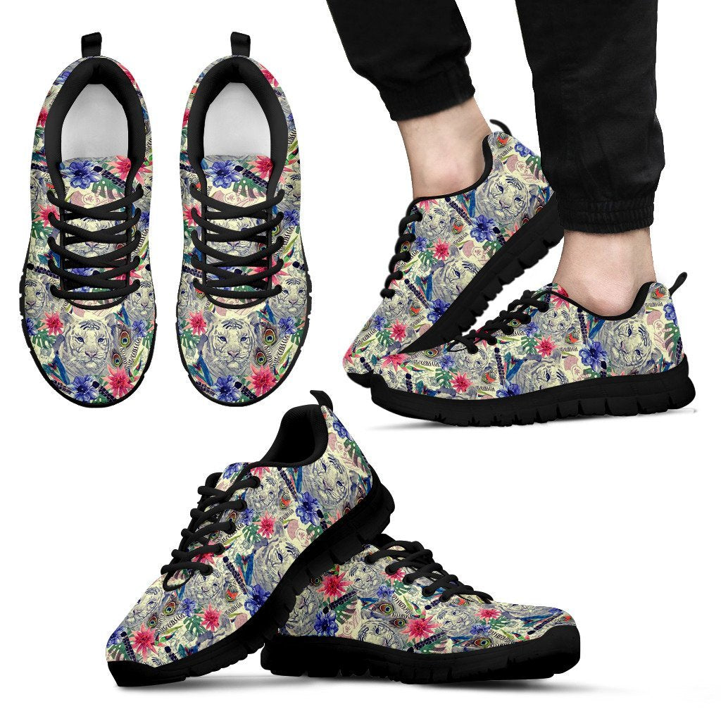 Bohemian White Tiger Pattern Print Black Sneaker Shoes For Men Women-grizzshop