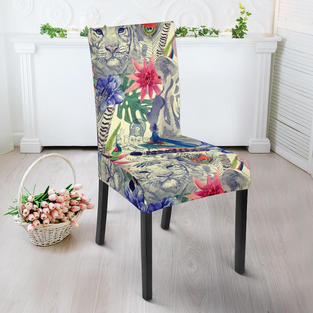 Bohemian White Tiger Pattern Print Chair Cover-grizzshop