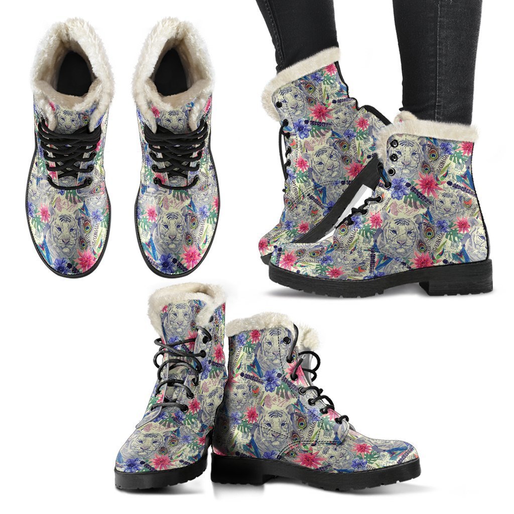 Bohemian White Tiger Pattern Print Comfy Winter Boots-grizzshop