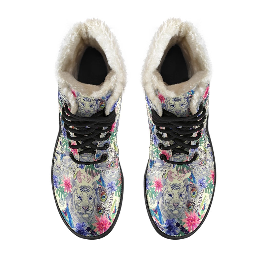 Bohemian White Tiger Pattern Print Comfy Winter Boots-grizzshop