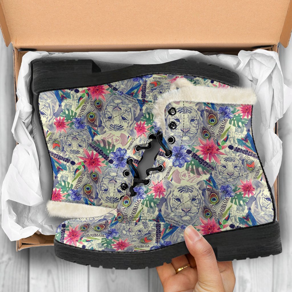 Bohemian White Tiger Pattern Print Comfy Winter Boots-grizzshop