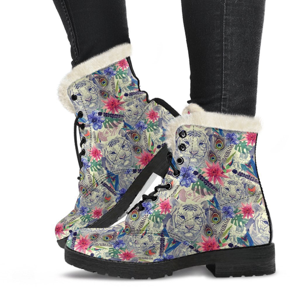 Bohemian White Tiger Pattern Print Comfy Winter Boots-grizzshop