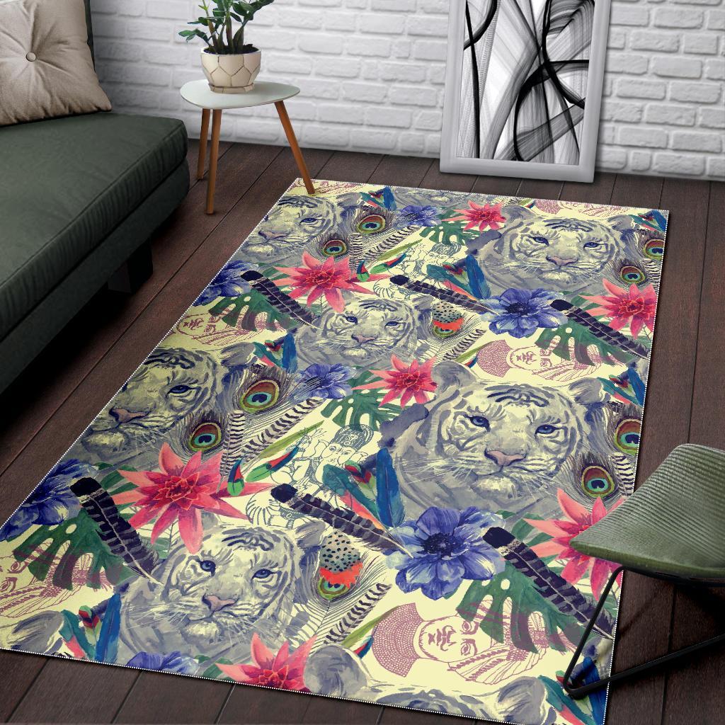 Bohemian White Tiger Pattern Print Floor Mat-grizzshop