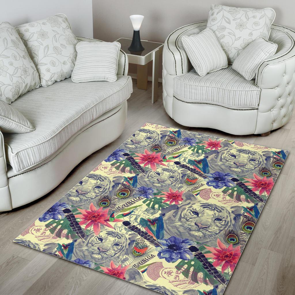 Bohemian White Tiger Pattern Print Floor Mat-grizzshop