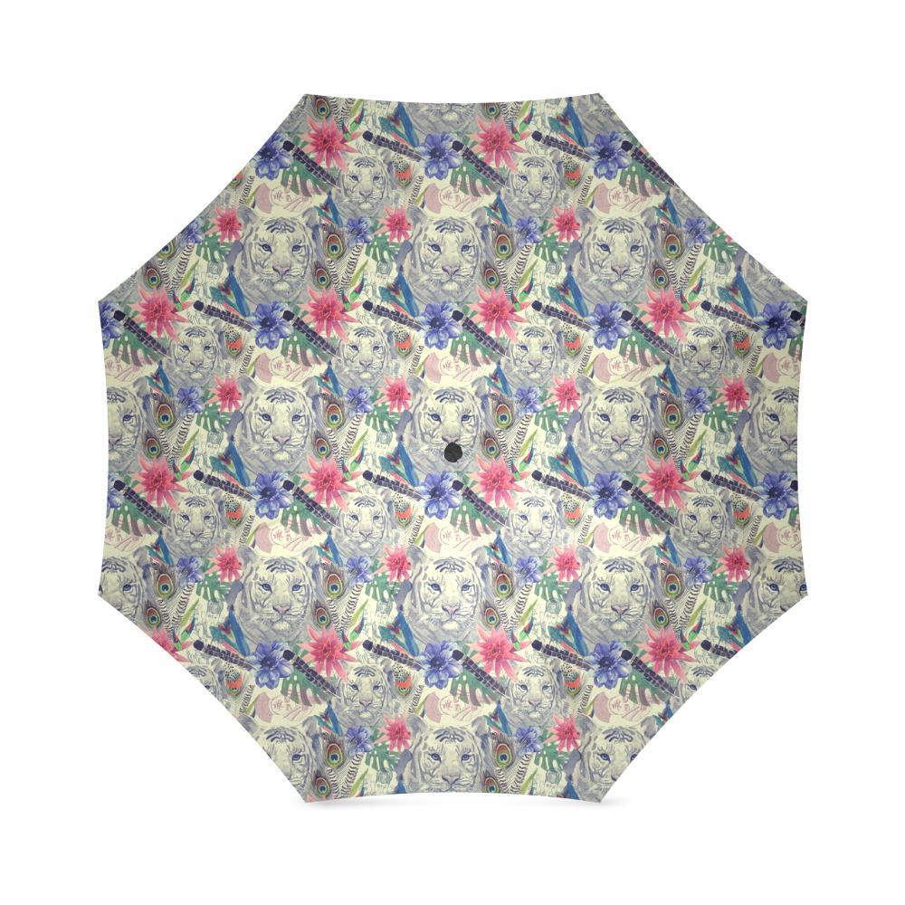 Bohemian White Tiger Pattern Print Foldable Umbrella-grizzshop