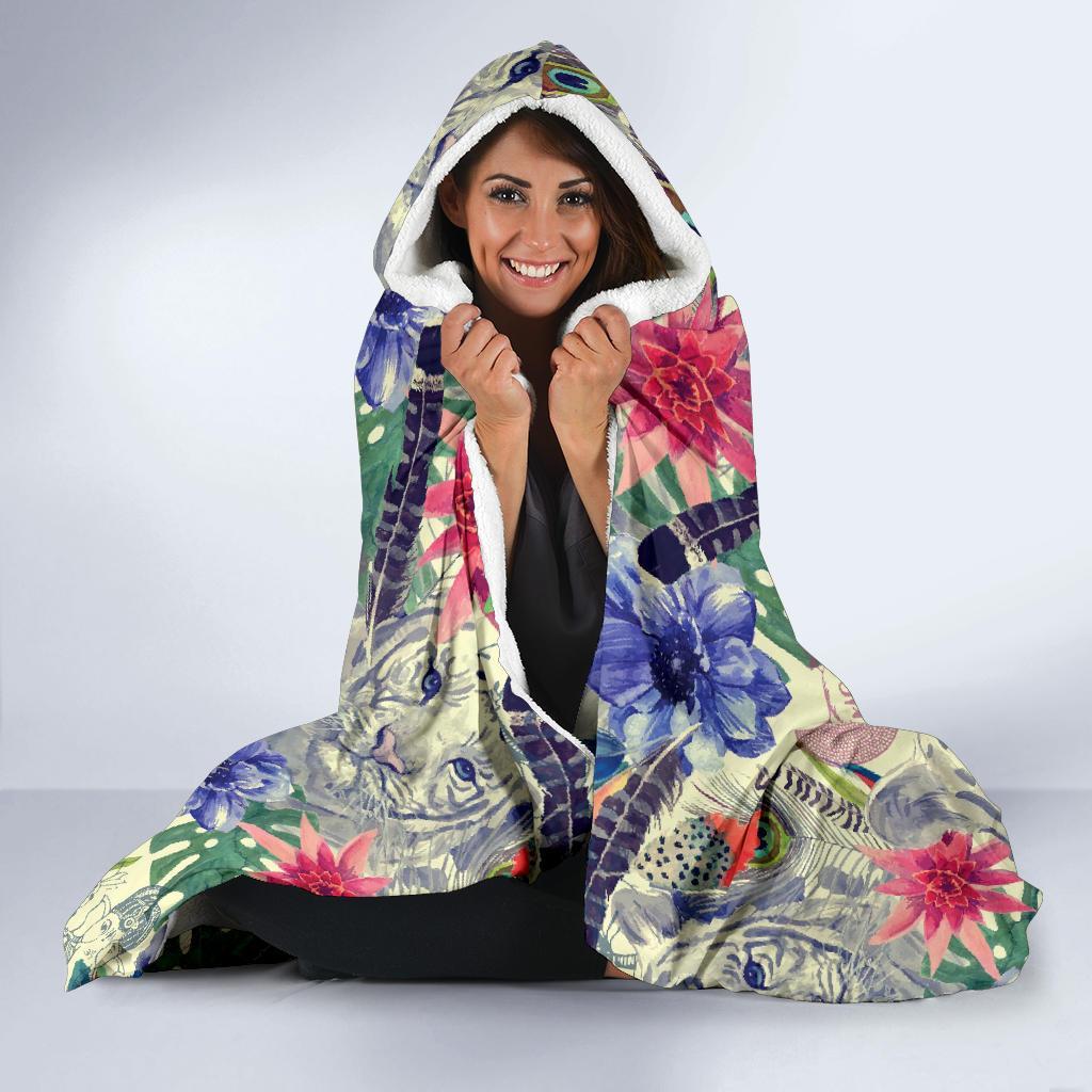 Bohemian White Tiger Pattern Print Hooded Blanket-grizzshop