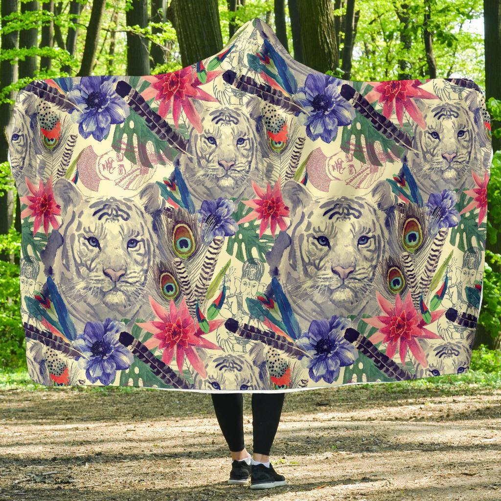 Bohemian White Tiger Pattern Print Hooded Blanket-grizzshop