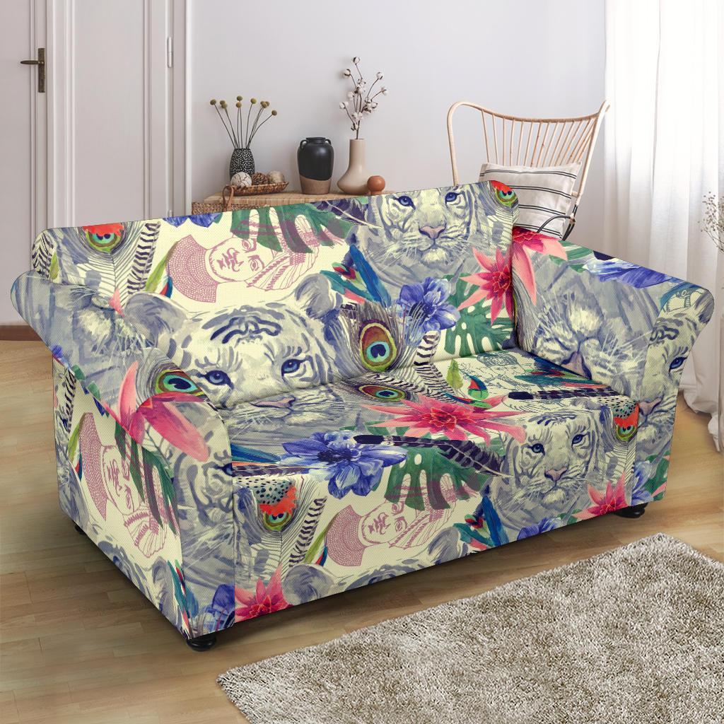 Bohemian White Tiger Pattern Print Loveseat Cover-grizzshop