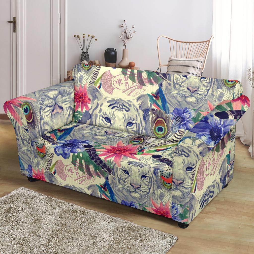 Bohemian White Tiger Pattern Print Loveseat Cover-grizzshop