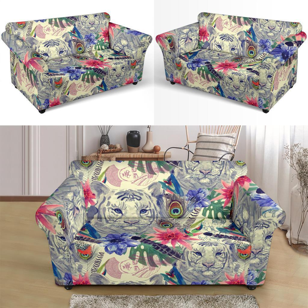 Bohemian White Tiger Pattern Print Loveseat Cover-grizzshop