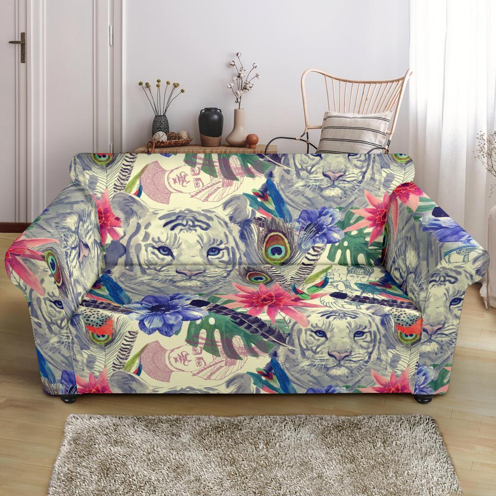 Bohemian White Tiger Pattern Print Loveseat Cover-grizzshop