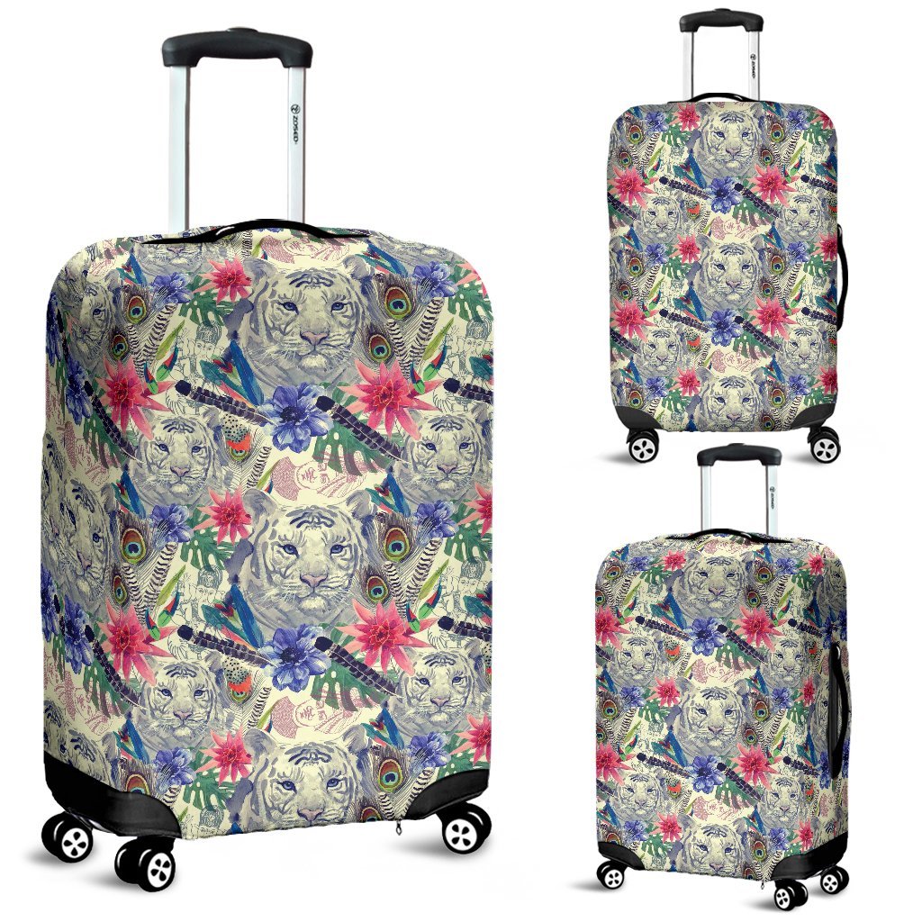 Bohemian White Tiger Pattern Print Luggage Cover Protector-grizzshop