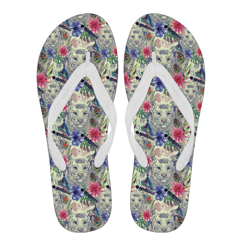 Bohemian White Tiger Pattern Print Men & Women Flip Flops-grizzshop