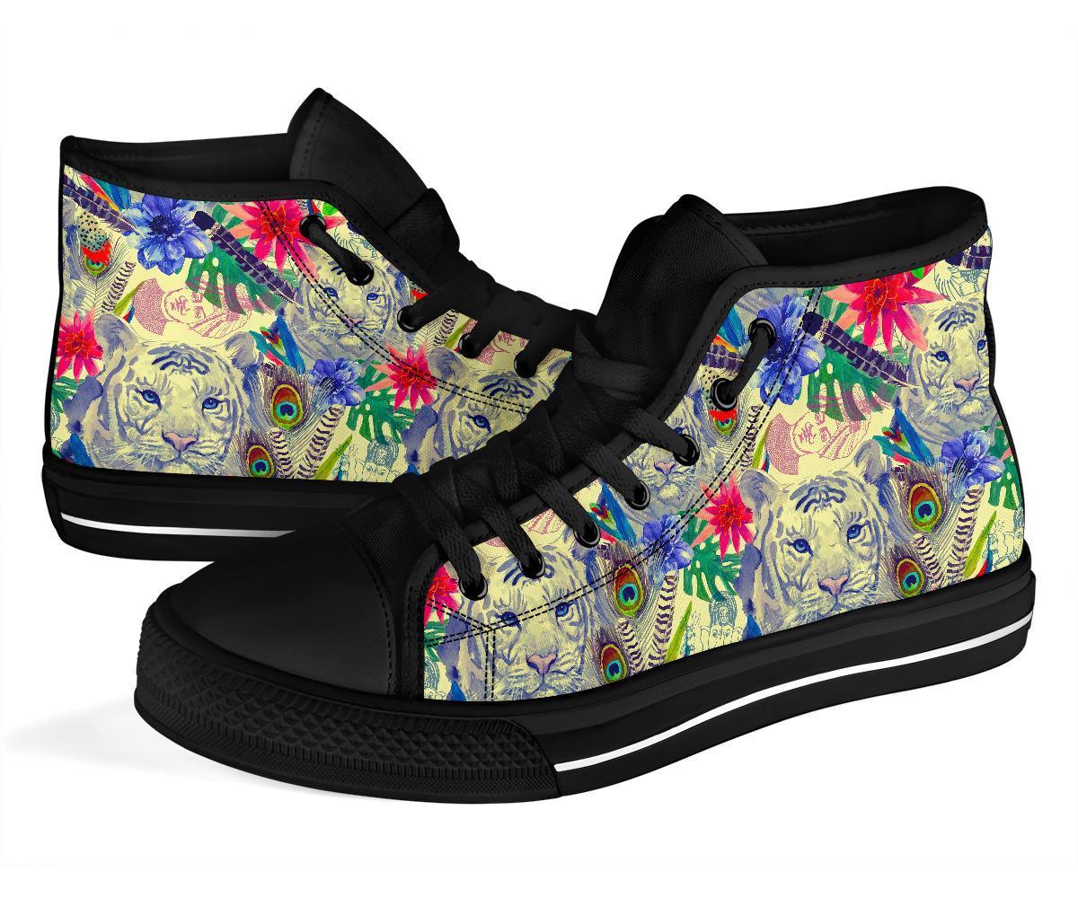 Bohemian White Tiger Pattern Print Men Women's High Top Shoes-grizzshop