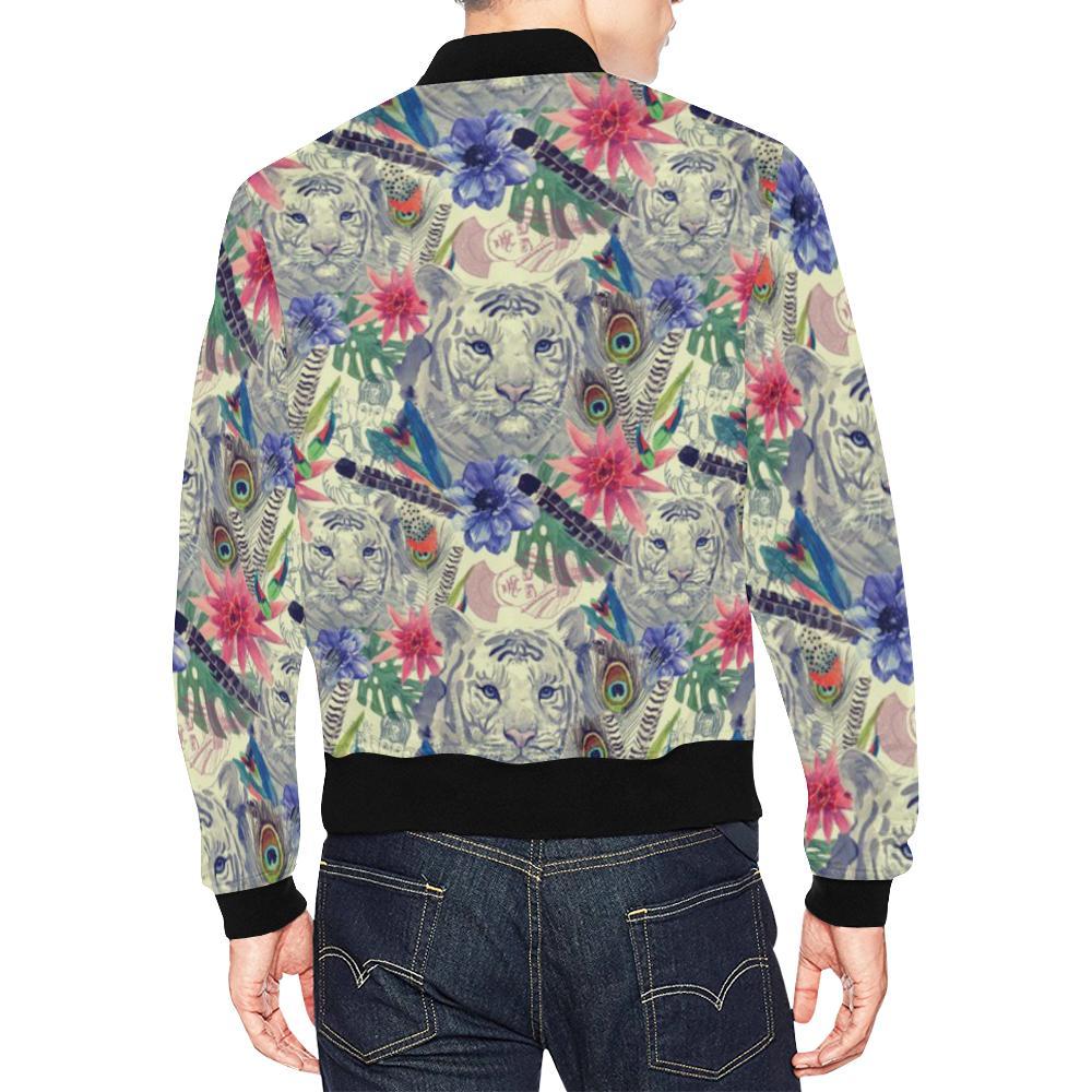 Bohemian White Tiger Pattern Print Men's Bomber Jacket-grizzshop