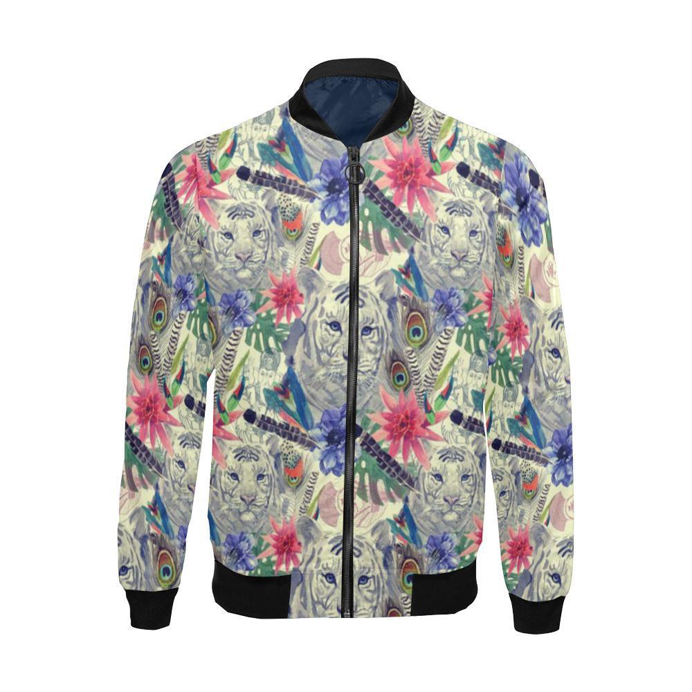 Bohemian White Tiger Pattern Print Men's Bomber Jacket-grizzshop