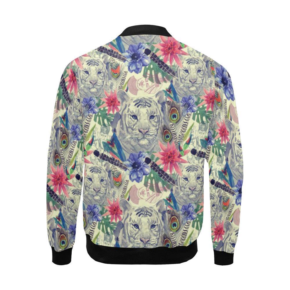 Bohemian White Tiger Pattern Print Men's Bomber Jacket-grizzshop