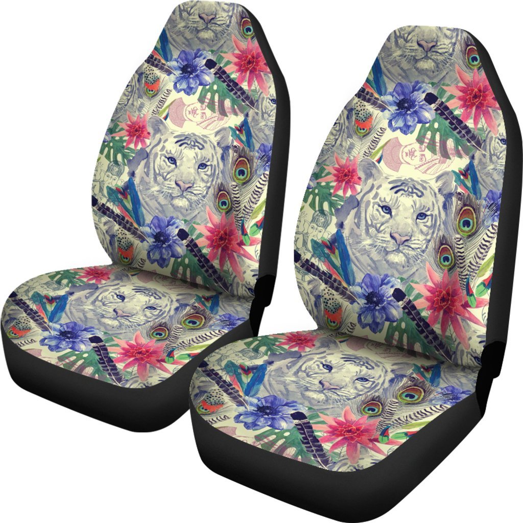 Bohemian White Tiger Pattern Print Universal Fit Car Seat Cover-grizzshop