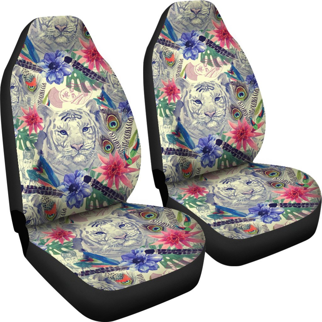 Bohemian White Tiger Pattern Print Universal Fit Car Seat Cover-grizzshop