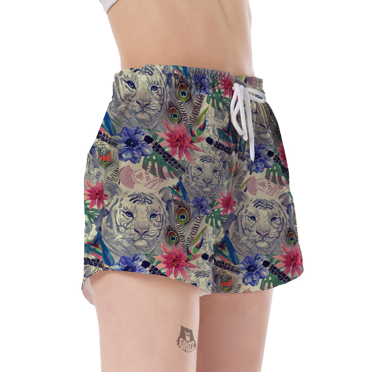 Bohemian White Tiger Pattern Print Women's Shorts-grizzshop