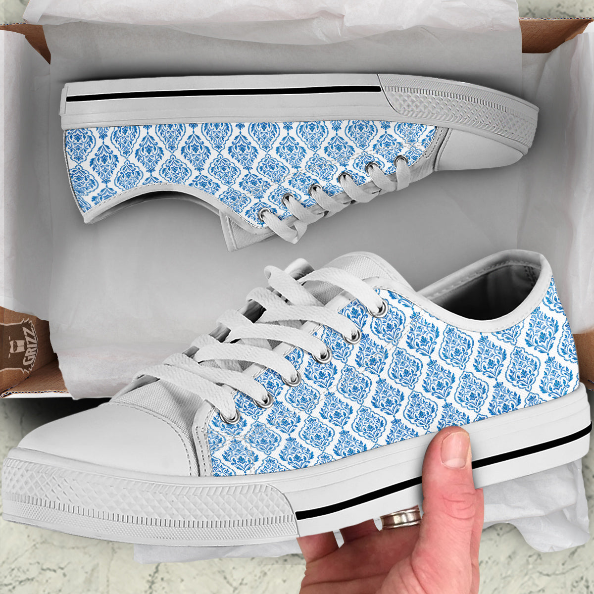Boho Damask Print Pattern White Low Top Shoes-grizzshop