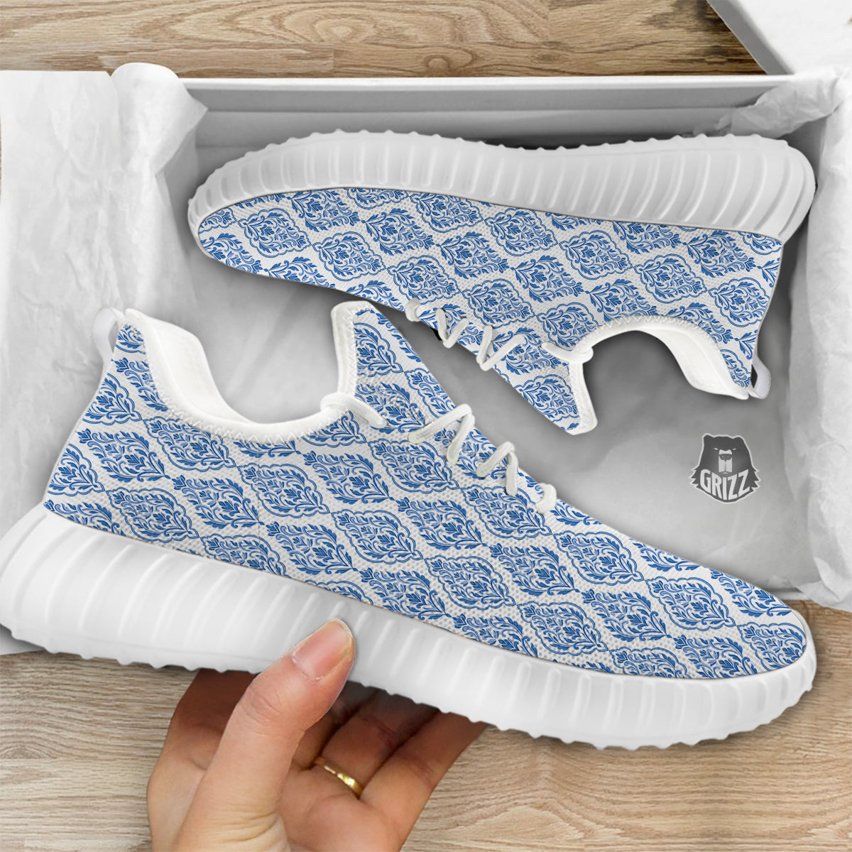 Boho Damask Print Pattern White Walking Shoes-grizzshop