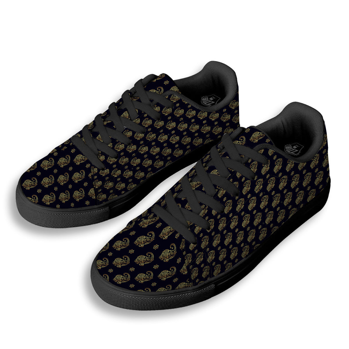Boho Elephant Gold Cute Print Pattern Black Low Top Sneakers-grizzshop