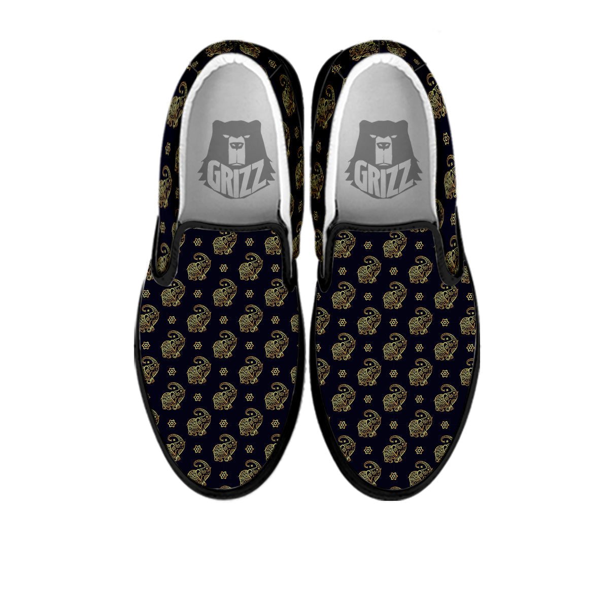 Boho Elephant Gold Cute Print Pattern Black Slip On Shoes-grizzshop