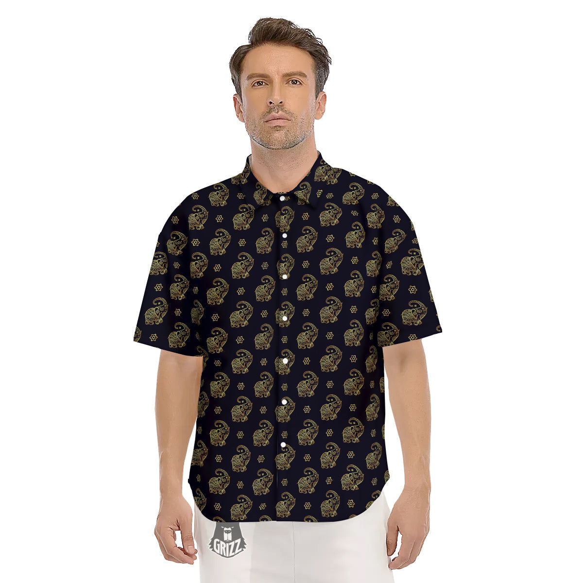 Boho Elephant Gold Cute Print Pattern Men's Short Sleeve Shirts-grizzshop