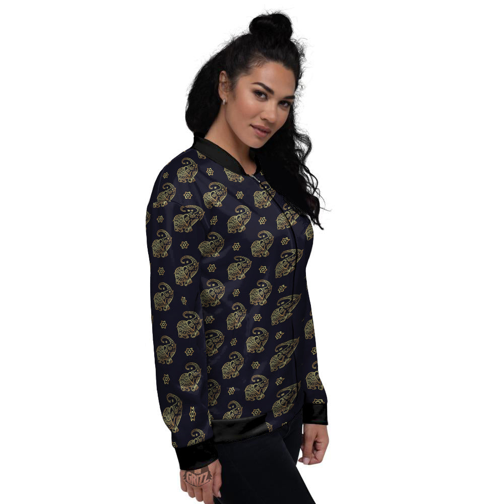 Boho Elephant Gold Cute Print Pattern Women's Bomber Jacket-grizzshop