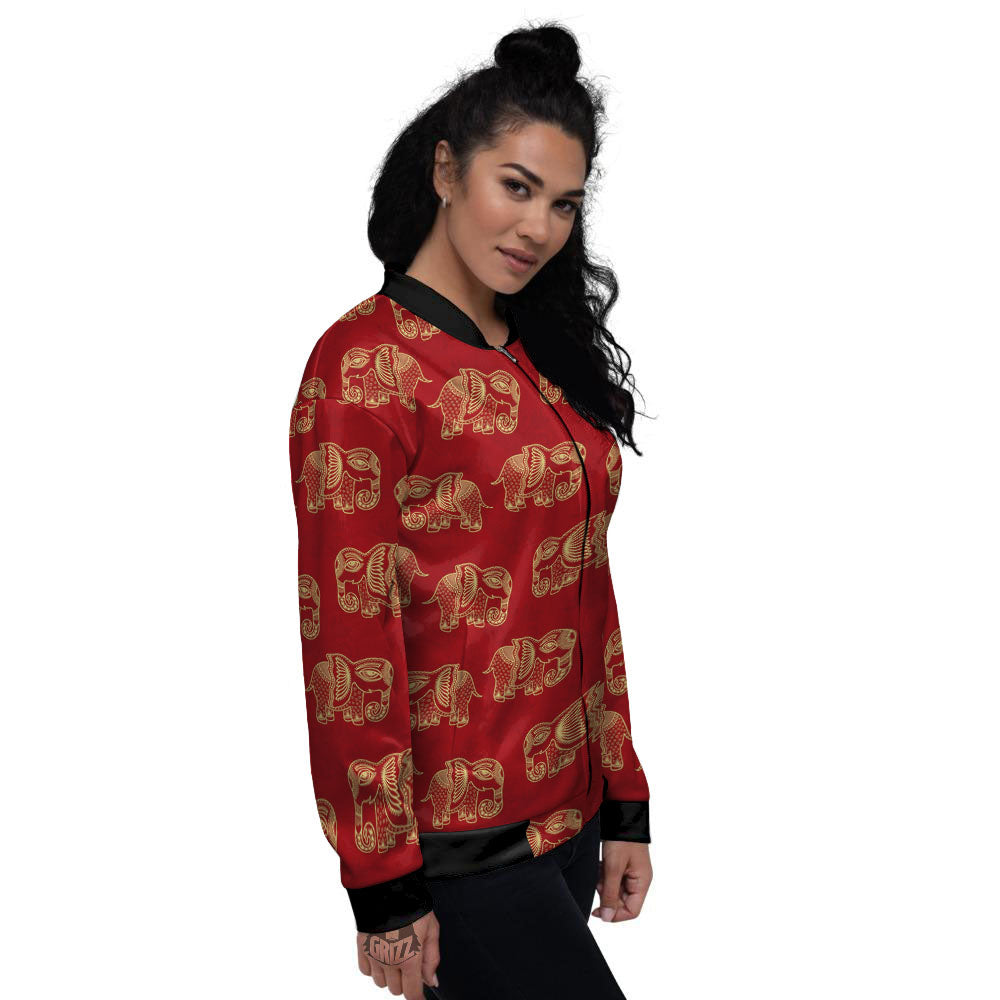 Boho Elephant Red And Gold Print Women's Bomber Jacket-grizzshop