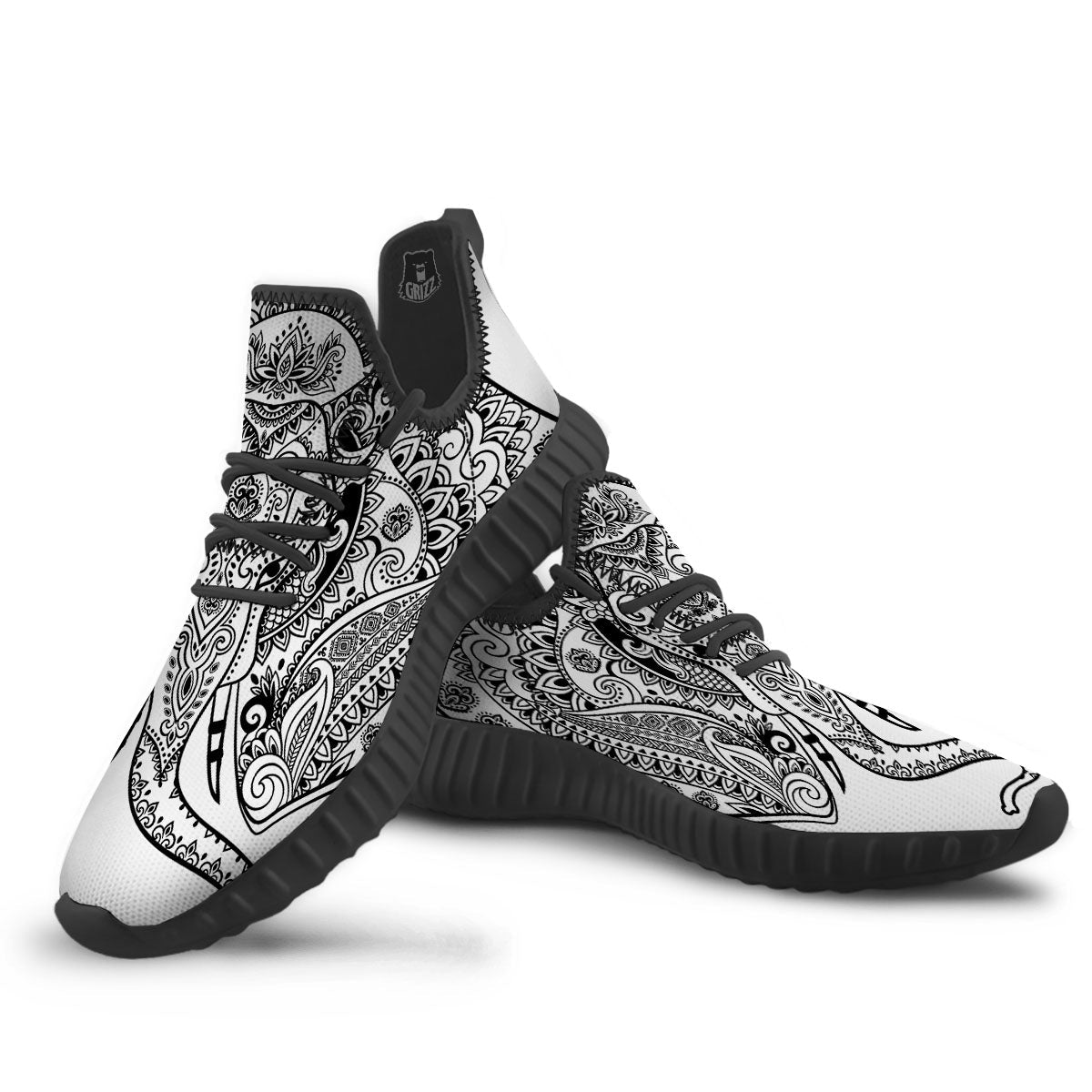 Boho Elephant White And Black Print Black Walking Shoes-grizzshop