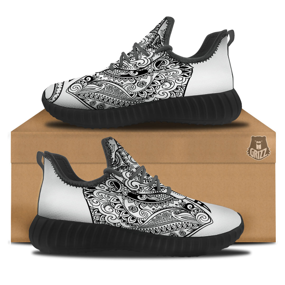 Boho Elephant White And Black Print Black Walking Shoes-grizzshop