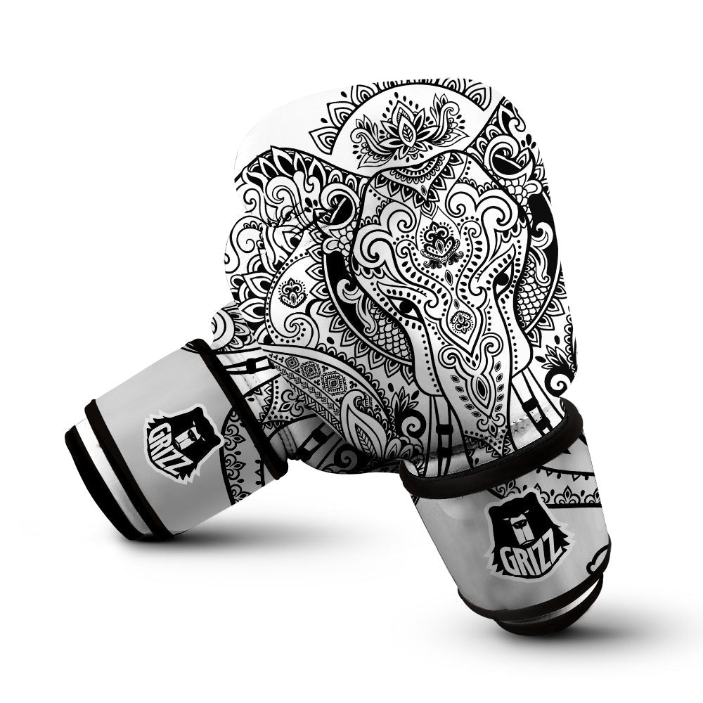 Boho Elephant White And Black Print Boxing Gloves-grizzshop
