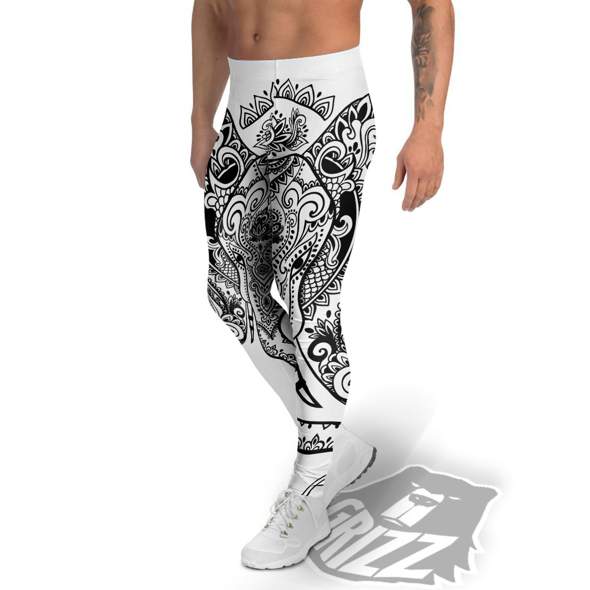 Boho Elephant White And Black Print Men's Leggings-grizzshop