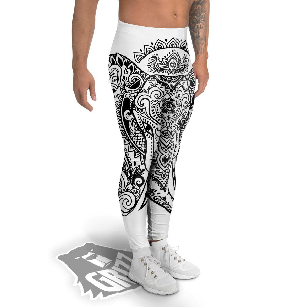 Boho Elephant White And Black Print Men's Leggings-grizzshop