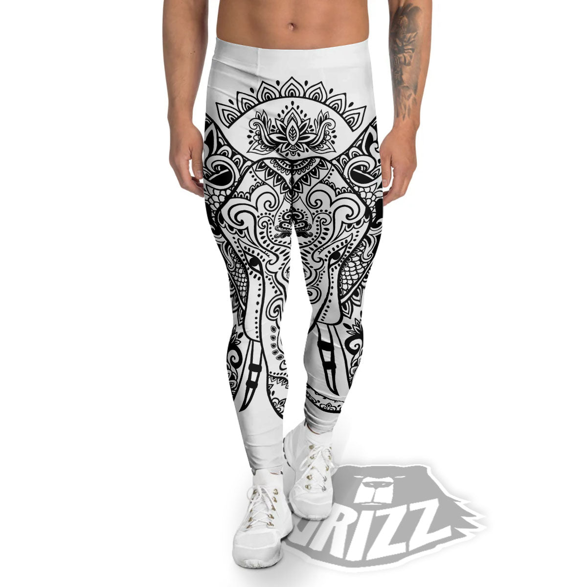 Boho Elephant White And Black Print Men's Leggings-grizzshop