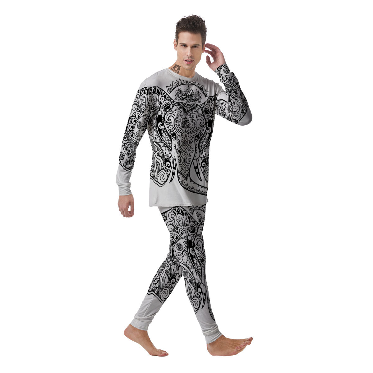 Boho Elephant White And Black Print Men's Pajamas-grizzshop