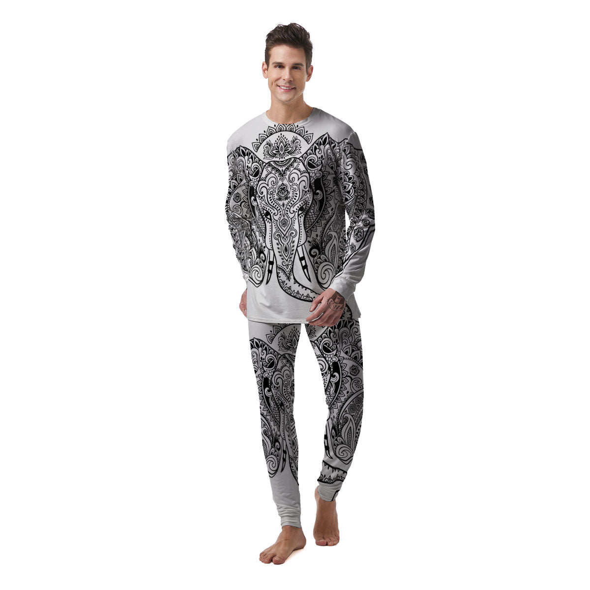 Boho Elephant White And Black Print Men's Pajamas-grizzshop