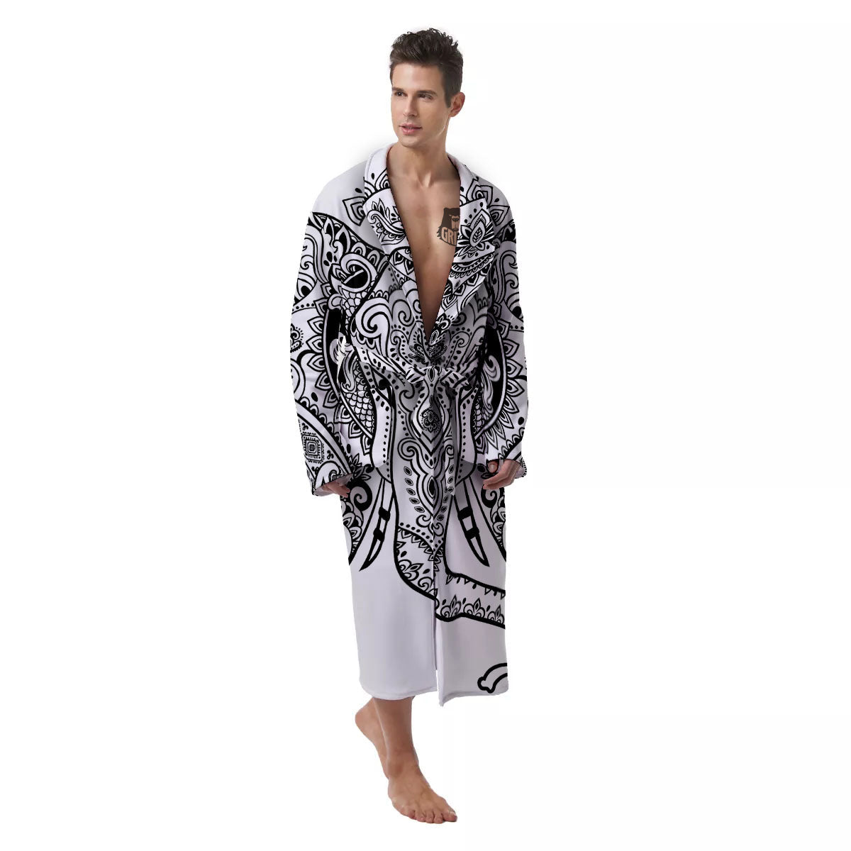 Boho Elephant White And Black Print Men's Robe-grizzshop