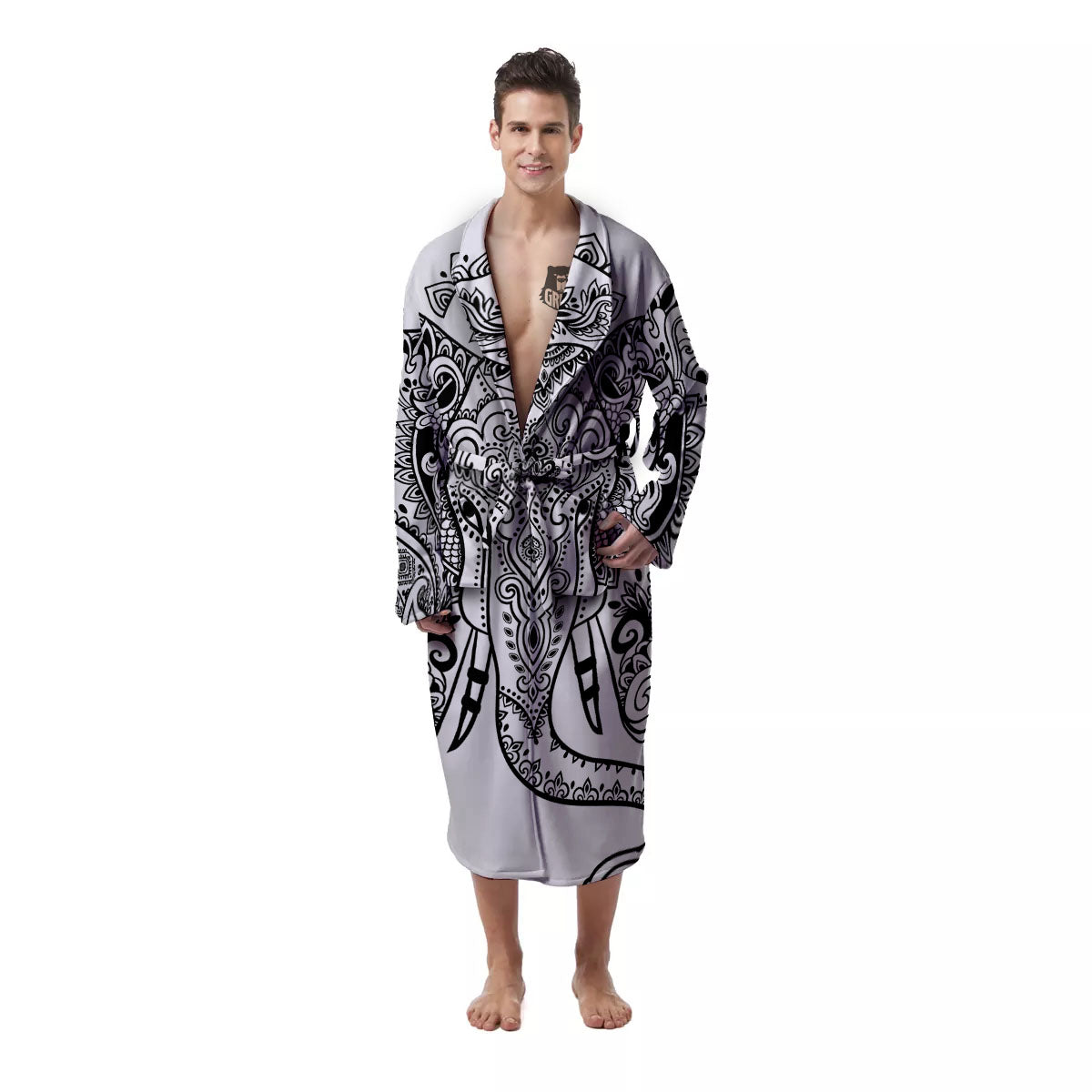 Boho Elephant White And Black Print Men's Robe-grizzshop