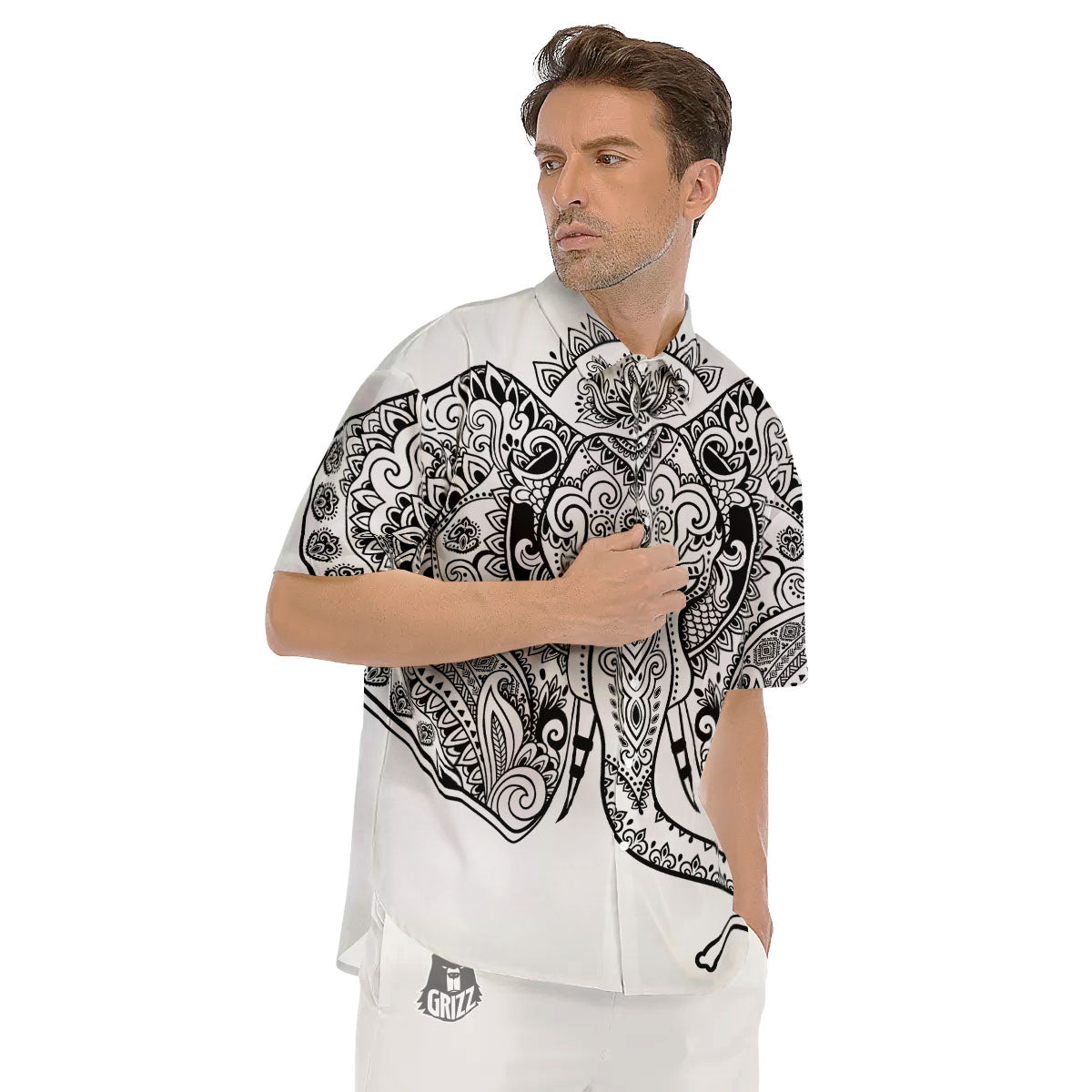 Boho Elephant White And Black Print Men's Short Sleeve Shirts-grizzshop