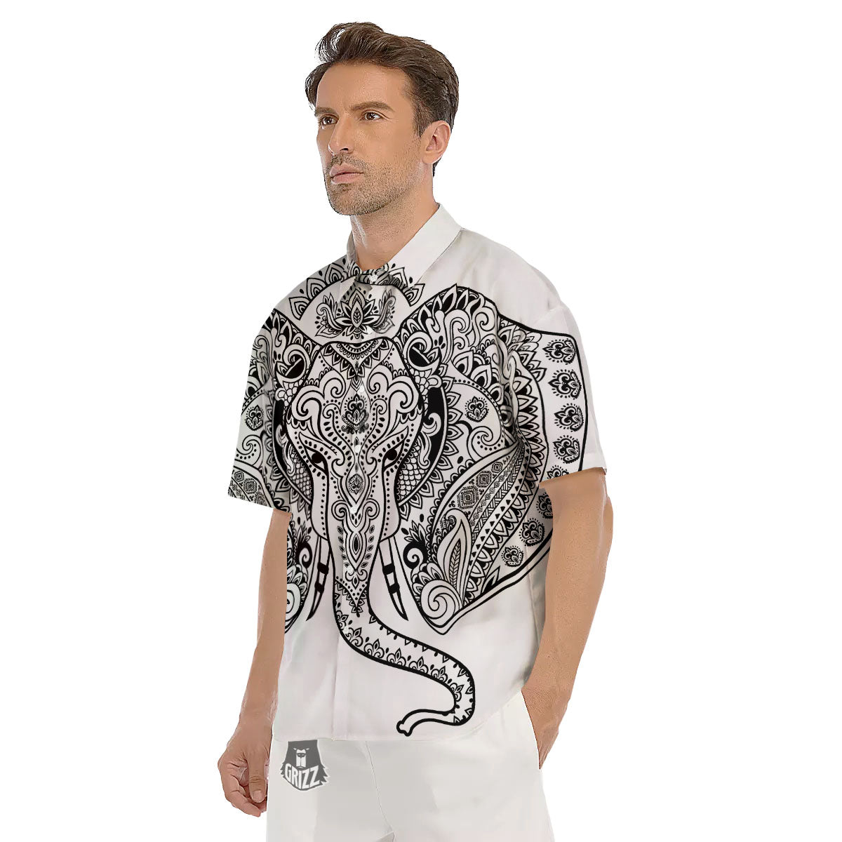 Boho Elephant White And Black Print Men's Short Sleeve Shirts-grizzshop