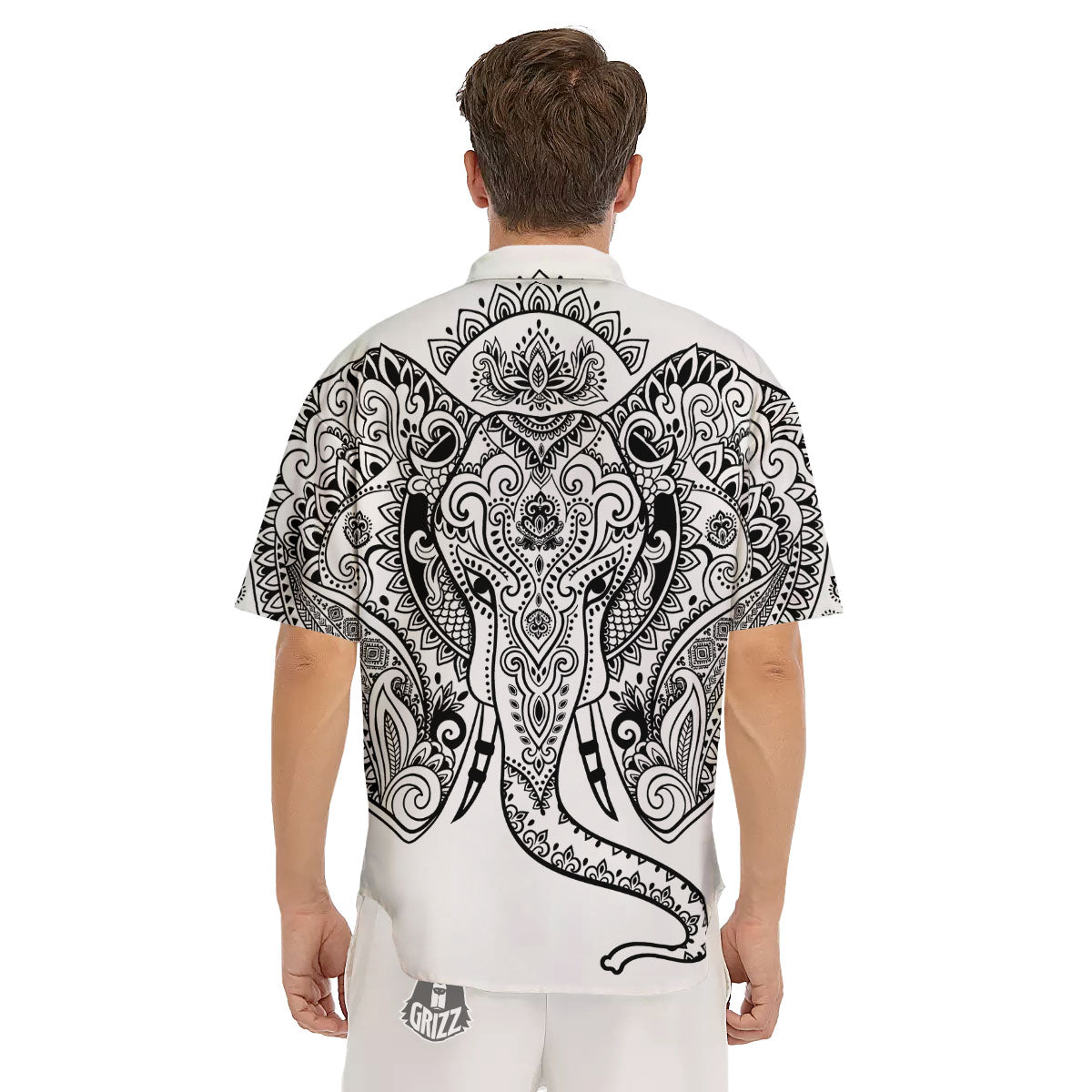 Boho Elephant White And Black Print Men's Short Sleeve Shirts-grizzshop