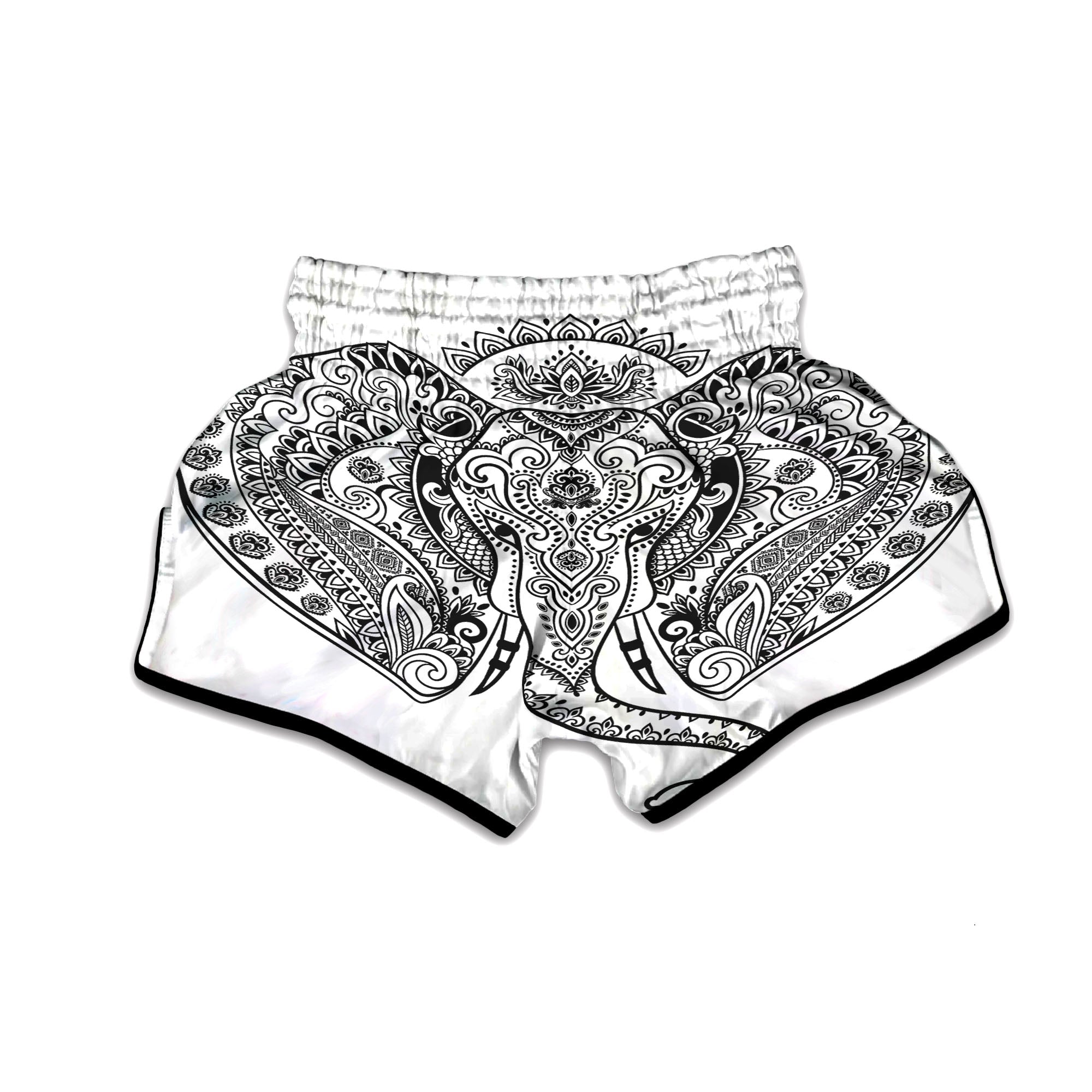 Boho Elephant White And Black Print Muay Thai Boxing Shorts-grizzshop