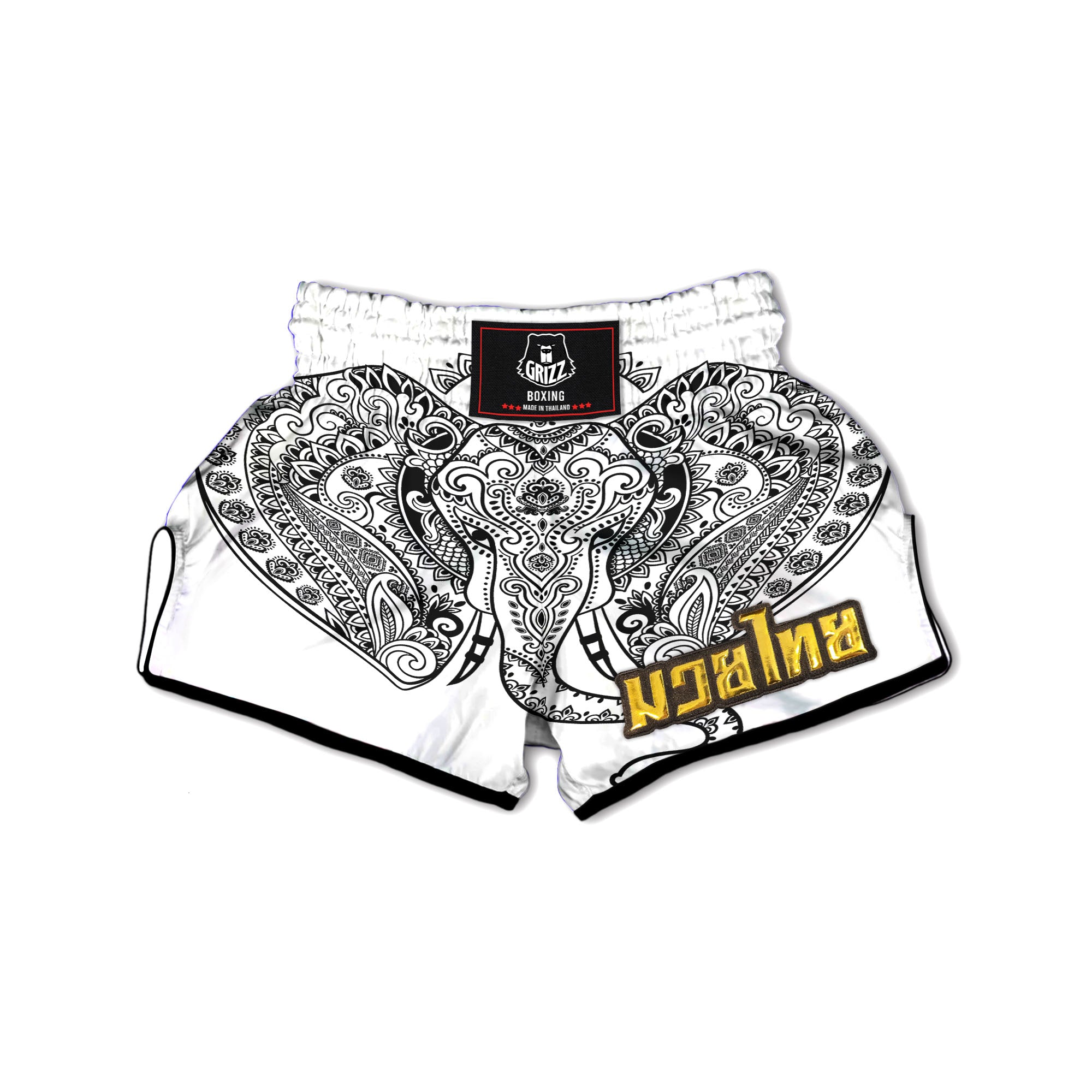 Boho Elephant White And Black Print Muay Thai Boxing Shorts-grizzshop