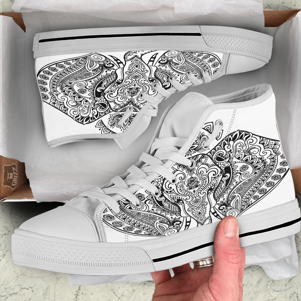 Boho Elephant White And Black Print White High Top Shoes-grizzshop