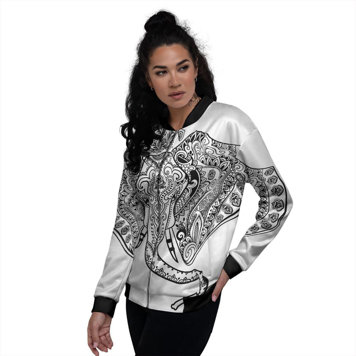 Boho Elephant White And Black Print Women's Bomber Jacket-grizzshop
