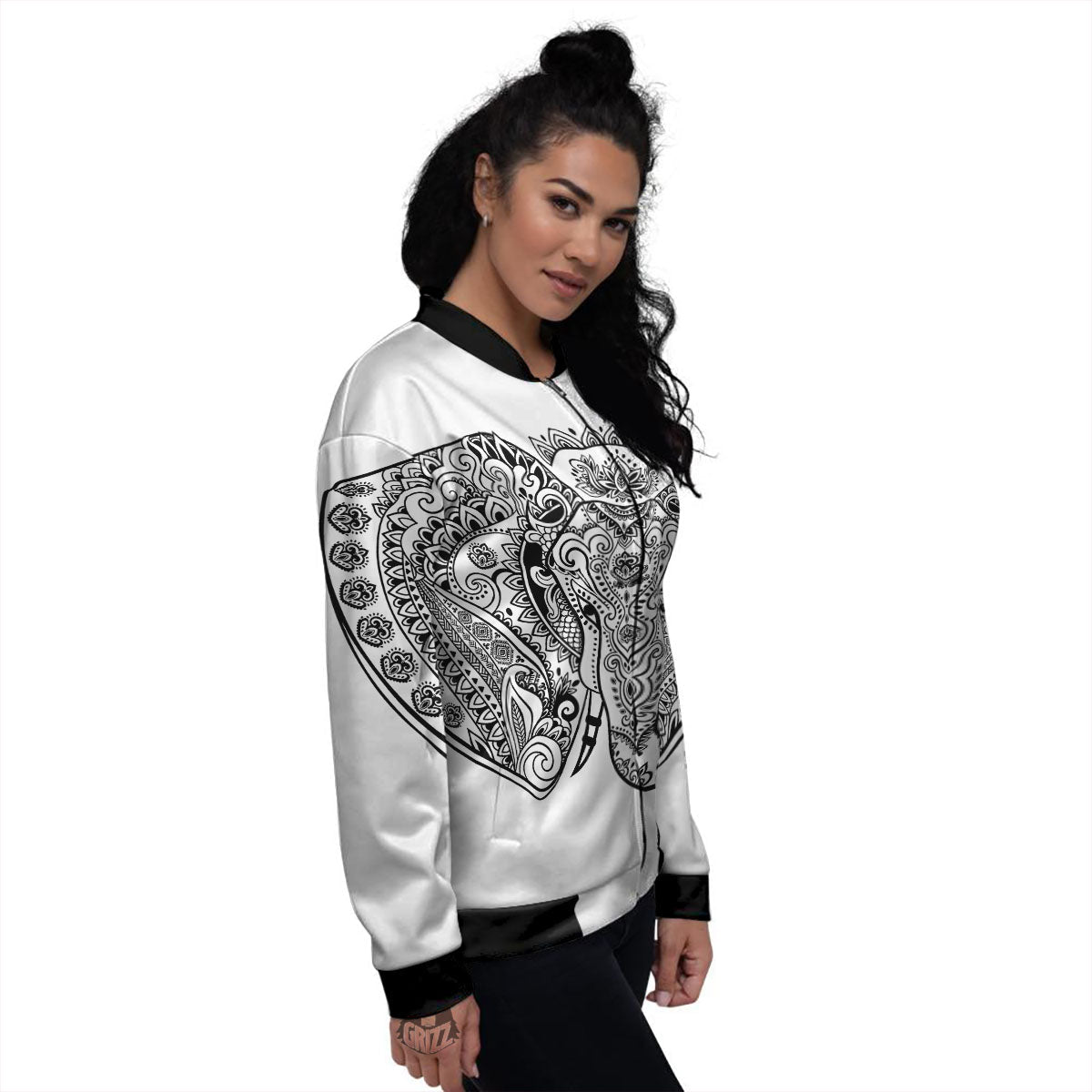 Boho Elephant White And Black Print Women's Bomber Jacket-grizzshop